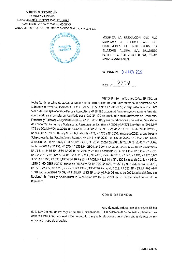 Res. Ex. N° 2219-2022 Modifica Res. Ex. 159-2021 Fija densidad de cultivo para concesiones de acuicultura de titularidades que Indica. (Con Informe Técnico) (Publicado en Página Web 07-11-2022)