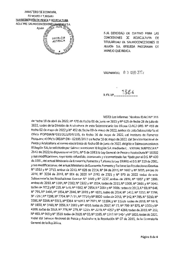 Res. Ex. N° 1564-2022 Fija densidad de cultivo para las concesiones de acuicultura de titularidad de Salmoconcesiones XI Región S.A.