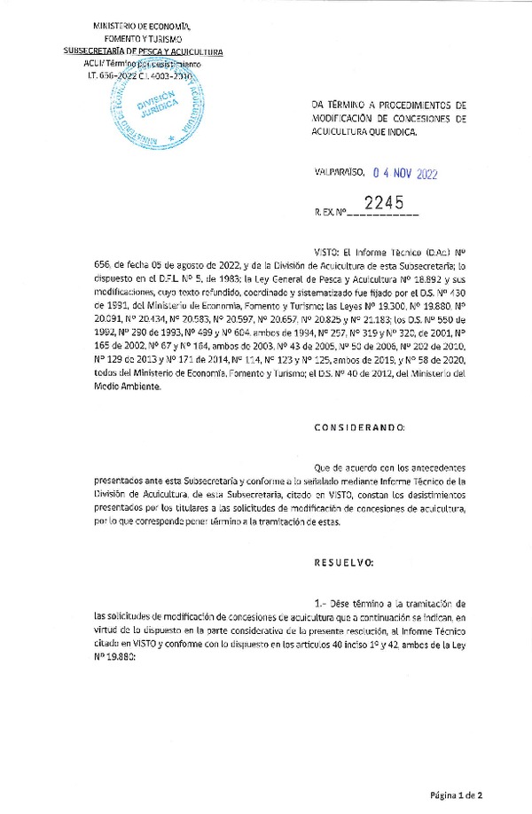 Res. Ex. N° 2245-2022 Da término a procedimientos de modificación de concesiones de acuicultura que indica.