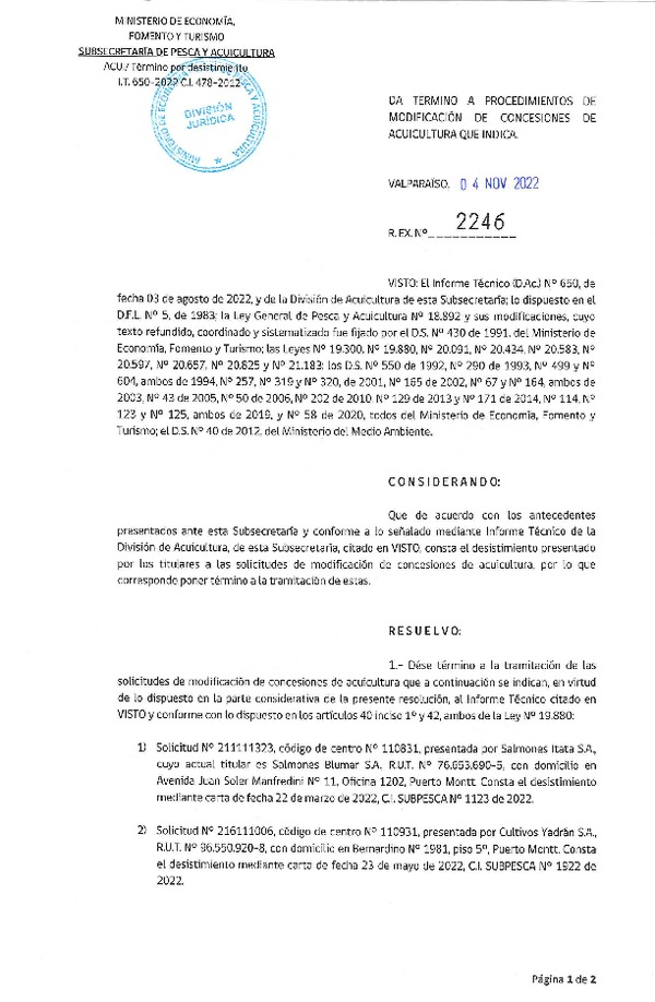 Res. Ex. N° 2246-2022 Da término a procedimientos de modificación de concesiones de acuicultura que indica.
