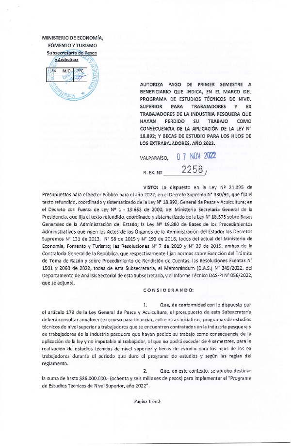 Res. Ex. N° 2258-2022 Autoriza pago de primer semestre a beneficiario que indica, en el marco del programa que señala. (Publicado en Página Web 08-11-2022)