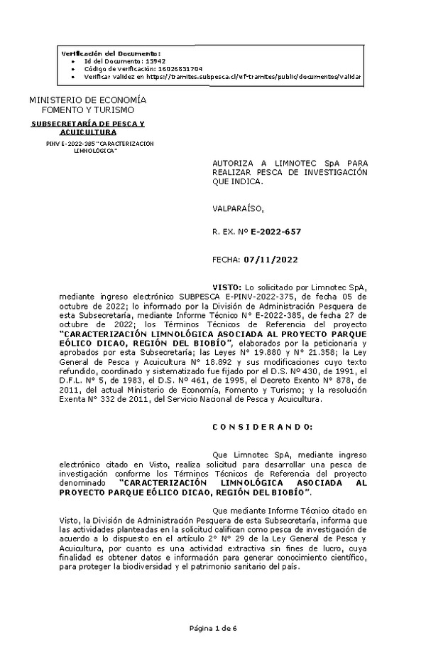 R. EX. Nº E-2022-657 AUTORIZA A LIMNOTEC SpA PARA REALIZAR PESCA DE INVESTIGACIÓN QUE INDICA. (Publicado en Página Web 08-11-2022)