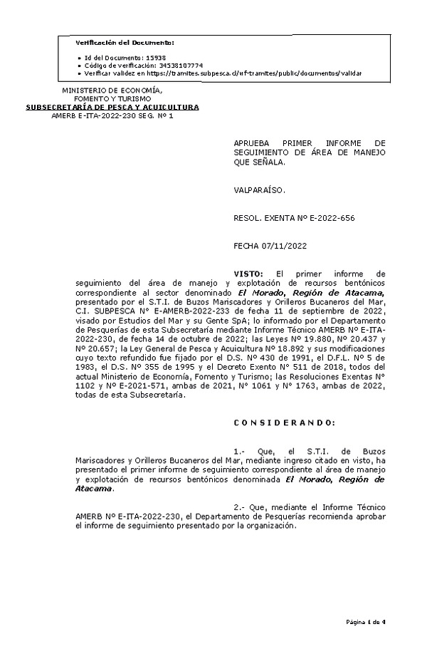 RESOL. EXENTA Nº E-2022-656 Aprueba 1° Seguimiento. (Publicado en Página Web 08-11-2022)