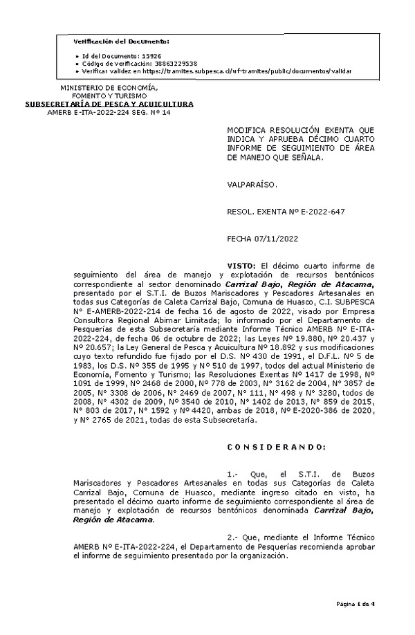 RESOL. EXENTA Nº E-2022-647 Modifica resolución que indica, Aprueba 14° Seguimiento. (Publicado en Página Web 08-11-2022)