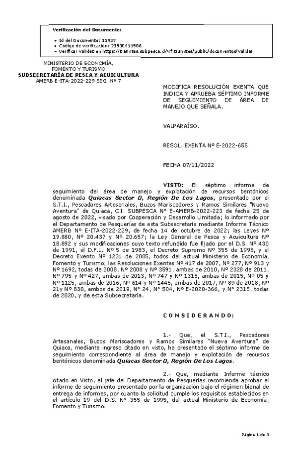 RESOL. EXENTA Nº E-2022-655 Modifica resolución que indica, Aprueba 7° Seguimiento. (Publicado en Página Web 08-11-2022)