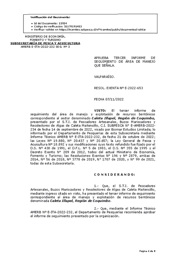 RESOL. EXENTA Nº E-2022-653 Aprueba 3° Seguimiento. (Publicado en Página Web 08-11-2022)