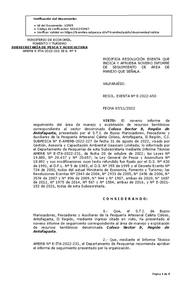 RESOL. EXENTA Nº E-2022-650 Modifica resolución que indica, Aprueba 9° Seguimiento. (Publicado en Página Web 08-11-2022)