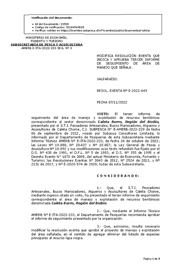 RESOL. EXENTA Nº E-2022-649 Modifica resolución que indica, Aprueba 3° Seguimiento. (Publicado en Página Web 08-11-2022)