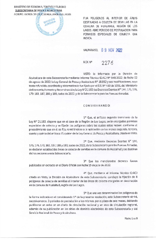 Res. Ex. N° 2276-2022 Fija Polígonos al Interior de Área Destinadas a Colecta de Semillas en la Comuna de Hualaihué, Región de Los Lagos, Abre Período de Postulación para Permisos Especiales de Colecta que Indica. (Publicado en Página Web 10-11-2022)