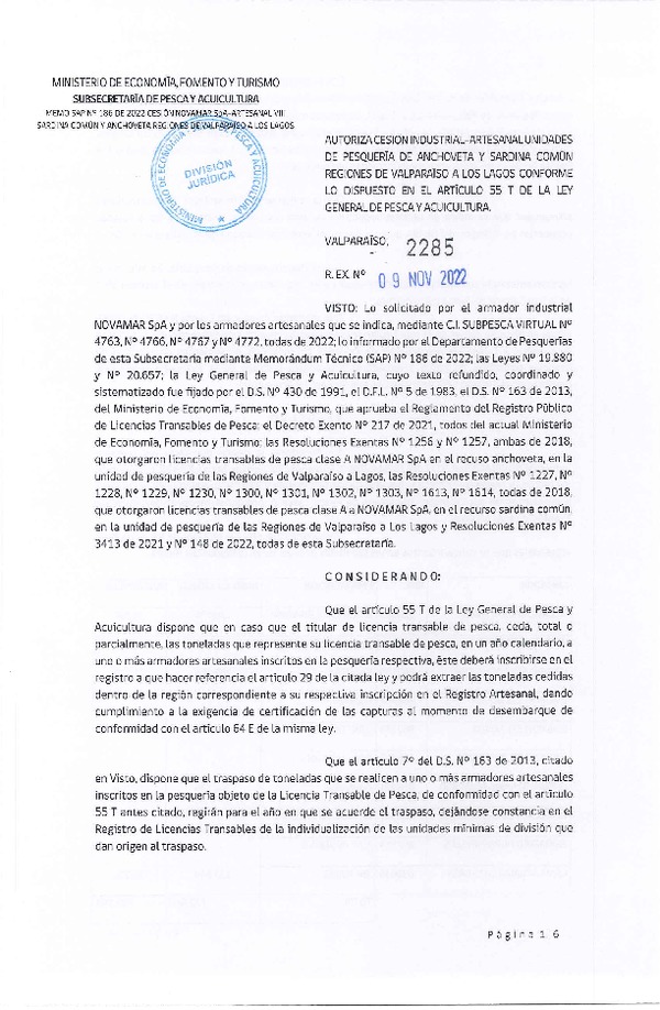 Res. Ex. N° 2285-2022, Autoriza Cesión unidad de pesquería Anchoveta y Sardina Común, Regiones Valparaíso a Los Lagos. (Publicado en Página Web 10-11-2022)