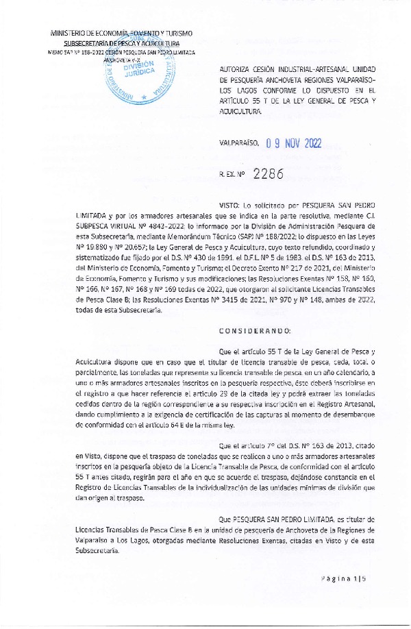 Res. Ex. N° 2286-2022, Autoriza Cesión unidad de pesquería Anchoveta, Regiones Valparaíso a Los Lagos. (Publicado en Página Web 10-11-2022)