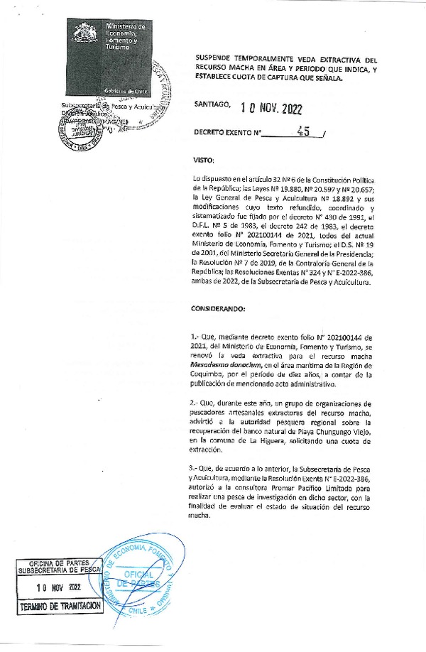 Dec. Ex. N° 45-2022 Suspende Temporalmente Veda Extractiva del Recurso Macha en Área y Período que Indica, y Establece Cuota de Captura que Señala. (Publicado en Página Web 10-11-2022)