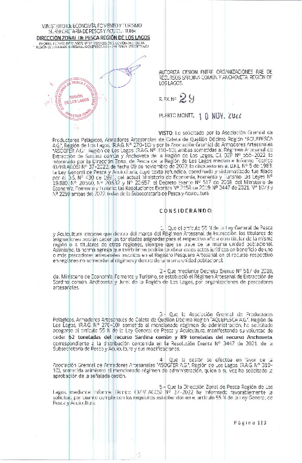 Res. Ex. N° 29-2022 (DZP Los Lagos) Autoriza cesión sardina común y anchoveta, Región de Los Lagos. (Publicado en Página Web 10-11-2022)