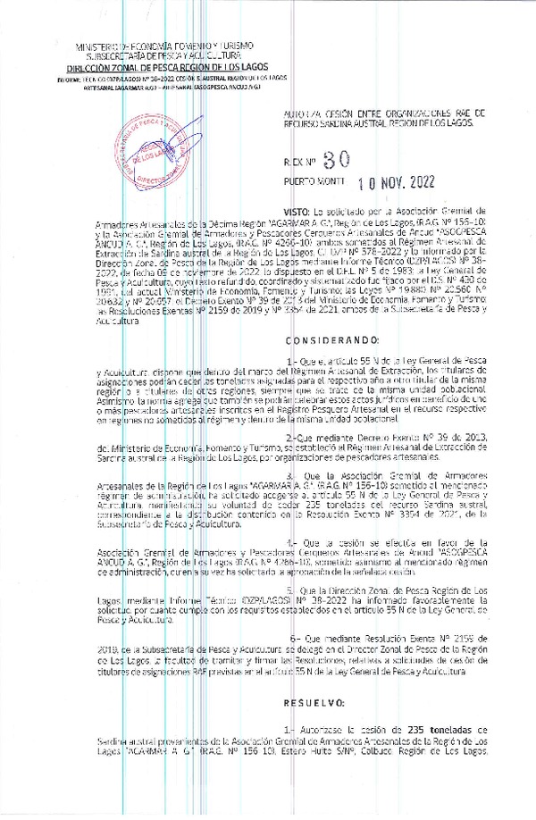 Res. Ex. N° 30-2022 (DZP Los Lagos) Autoriza cesión sardina austral Región de Los Lagos. (Publicado en Página Web 10-11-2022)