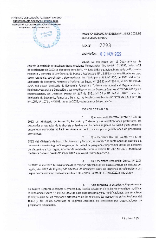 Res. Ex. N° 2298-2022 Modifica Res. Ex. N° 148-2022 Distribución de la fracción artesanal de Pesquería de Anchoveta y Sardina Común en las regiones del Ñuble y del Biobío, Año 2022. (Publicado en Página Web 11-11-2022)