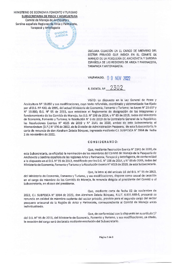 Res. Ex. N° 2302-2022 Declara Cesación en el Cargo de Miembro del Sector Privado que Indica, Comité de Manejo, Pesquería Anchoveta y Sardina Española Regiones de Arica y Parinacota, Tarapacá y Antofagasta. (Publicado en Página Web 11-11-2022)