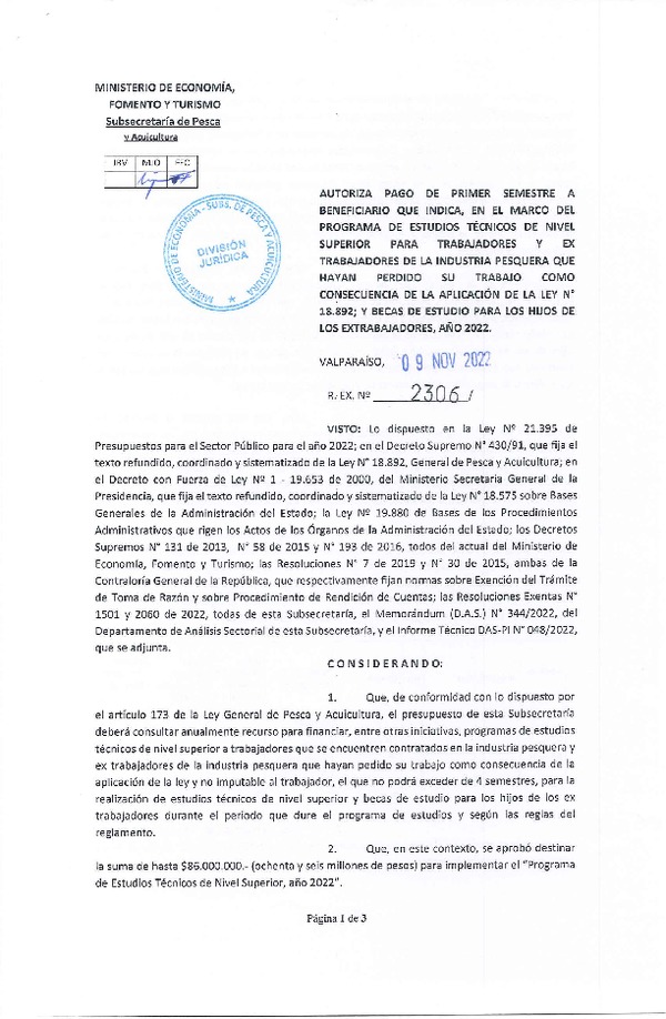 Res. Ex. N° 2306-2022 Autoriza pago de primer semestre a beneficiario que indica, en el marco del programa que señala. (Publicado en Página Web 11-11-2022)