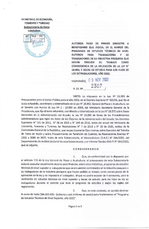 Res. Ex. N° 2307-2022 Autoriza pago de primer semestre a beneficiario que indica, en el marco del programa que señala. (Publicado en Página Web 11-11-2022)