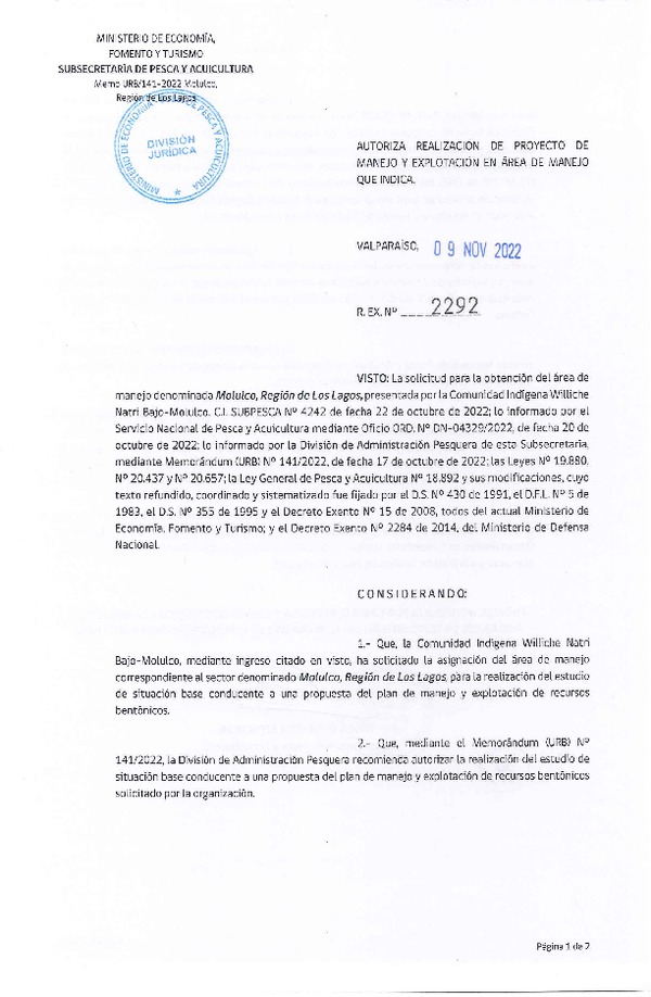 Res. Ex. N° 2292-2022 Autoriza Proyecto de Manejo y Explotación en Área de manejo que Indica. (Publicado en Página Web 11-11-2022)