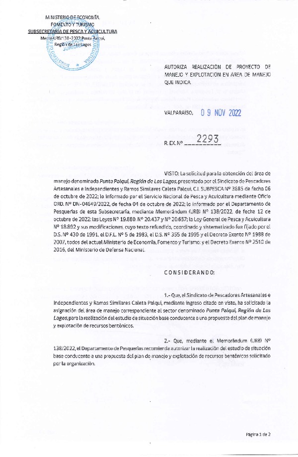 Res. Ex. N° 2293-2022 Autoriza Proyecto de Manejo y Explotación en Área de manejo que Indica. (Publicado en Página Web 11-11-2022)