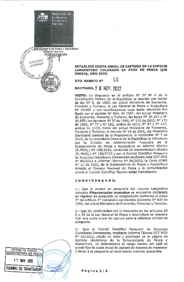 Dec. Ex. N° 46-2022 Establece Cuota Anual de Captura de la Especie Langostino Colorado en Área de Pesca que Indica, Año 2023. (Publicado en Página Web 11-11-2022)