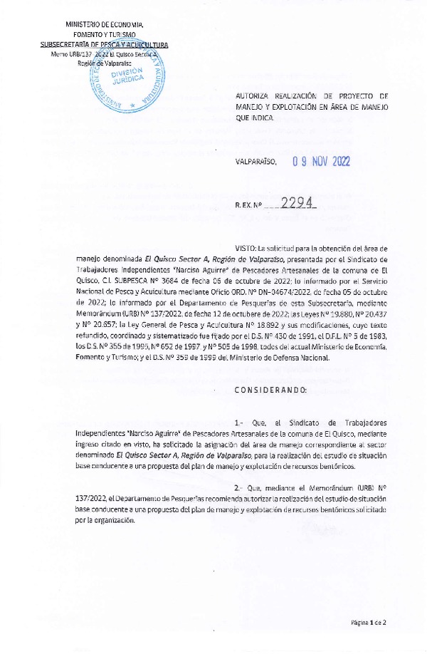 Res. Ex. N° 2294-2022 Autoriza Realización de Proyecto de Manejo y Explotación en Área de Manejo que Indica. (Publicado en Página Web 11-11-2022)