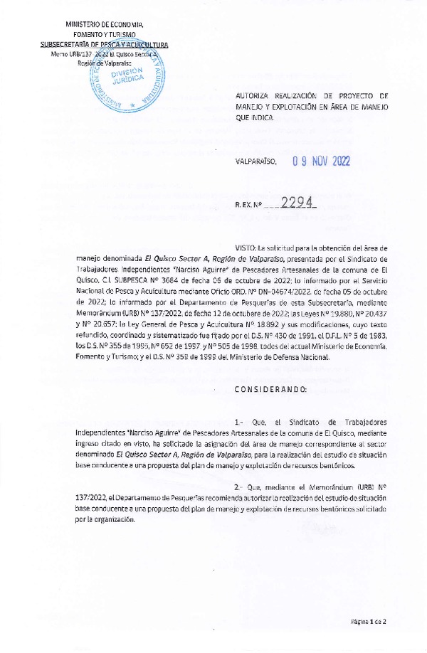 Res. Ex. N° 2294-2022 Autoriza Realización de Proyecto de Manejo y Explotación en Área de Manejo que Indica. (Publicado en Página Web 11-11-2022)