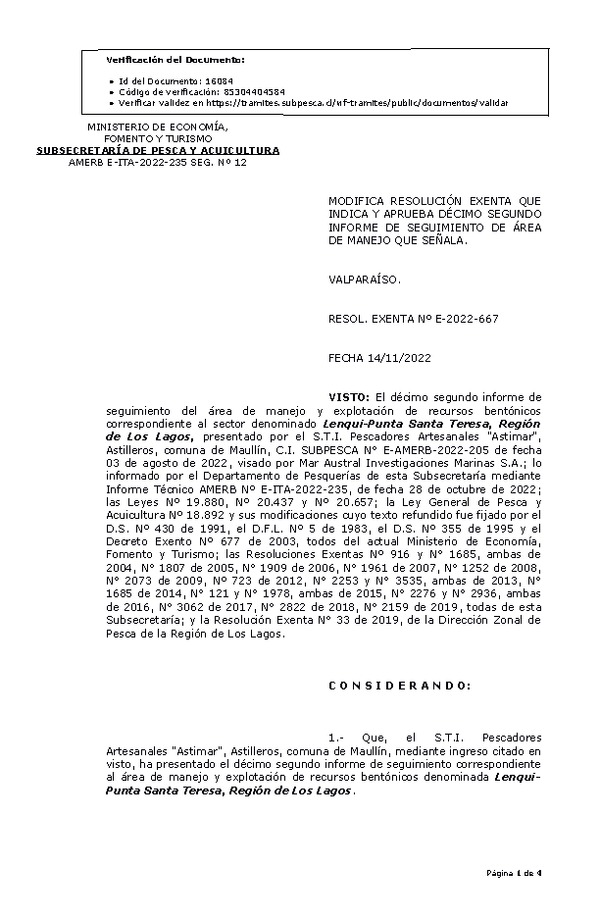 R. EX. Nº E-2022-667 Modifica resolución que indica, Aprueba 12° Seguimiento. (Publicado en Página Web 15-11-2022)