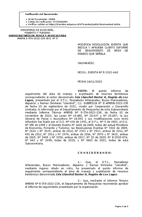 R. EX. Nº E-2022-668 Modifica resolución que indica, Aprueba 5° Seguimiento. (Publicado en Página Web 15-11-2022)