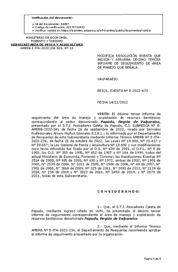 R. EX. Nº E-2022-670 Modifica resolución que indica, Aprueba 13° Seguimiento. (Publicado en Página Web 15-11-2022)