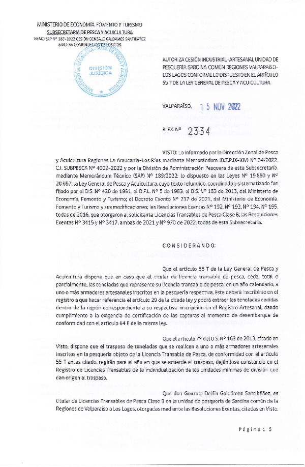 Res. Ex. N° 2334-2022, Autoriza Cesión unidad de pesquería Sardina común, Regiones Valparaíso a Los Lagos. (Publicado en Página Web 15-11-2022)