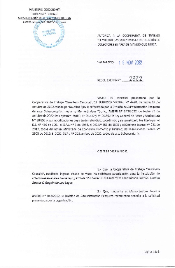 Res. Ex. N° 2332-2022 Autoriza Instalación de colectores. (Publicado en Página Web 15-11-2022)