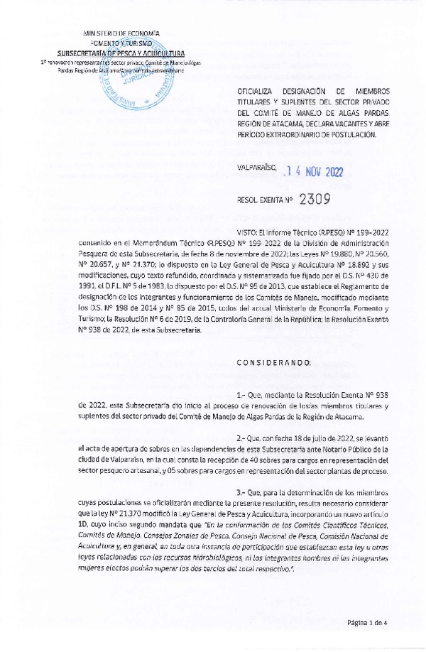 Res. Ex. N° 2309-2022 Oficializa Designación de Miembros Titulares y Suplentes del Comité de Manejo de Algas Pardas de la Región de Atacama. Declara Vacantes y Abre Período Extraordinario de Postulación. (Publicado en Página Web 15-11-2022)