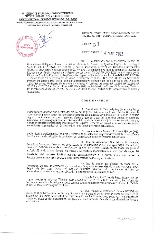 Res. Ex. N° 31-2022 (DZP Los Lagos) Autoriza cesión sardina austral Región de Los Lagos. (Publicado en Página Web 15-11-2022)