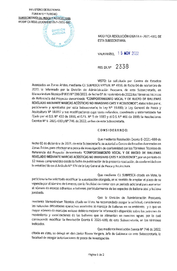 Res. Ex. N° 2338-2022 Modifica R. EX. Nº E-2021-680 Comportamiento vocal y de buceo de ballenas revelado mediante marcas acústicas no invasivas cats y acousonde. (Publicado en Página Web 15-11-2022)