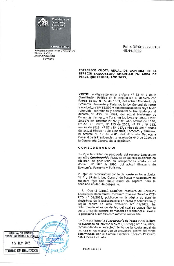 Dec. Ex. Folio 202200157 Establece Cuota Anual de Captura de la Especie Langostino Amarillo, en Área de Pesca que Indica, Año 2023. (Publicado en Página Web 16-11-2022)