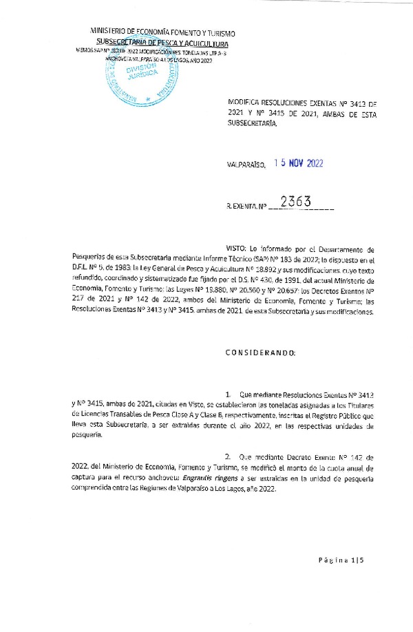 Res. Ex. N° 2363-2022 Modifica Res. Ex. N° 3413 y 3415, ambas de 2021, Establece Toneladas para Titulares de LTP clase A y clase B, Año 2022. (Publicado en Página Web 16-11-2022)