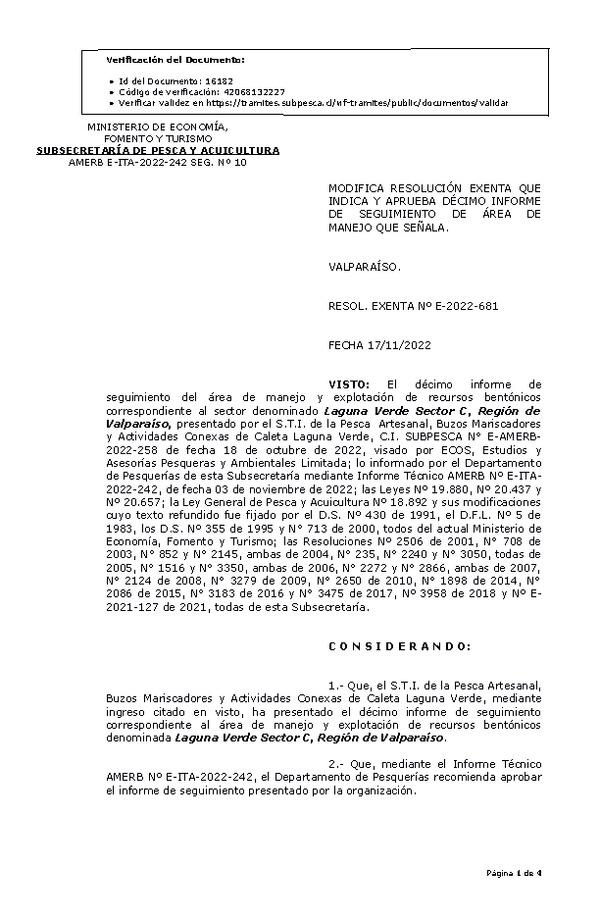 RESOL. EXENTA Nº E-2022-681 Modifica resolución que indica, Aprueba 10° Seguimiento. (Publicado en Página Web 17-11-2022)