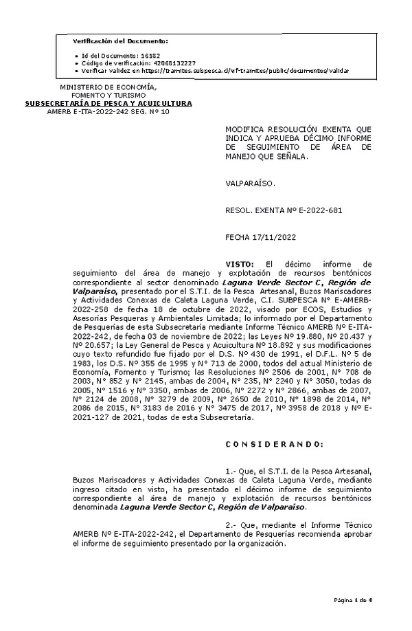 RESOL. EXENTA Nº E-2022-681 Modifica resolución que indica, Aprueba 10° Seguimiento. (Publicado en Página Web 17-11-2022)