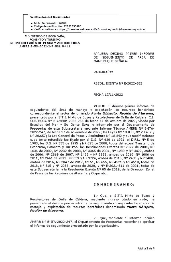 RESOL. EXENTA Nº E-2022-682  Aprueba 11° Seguimiento. (Publicado en Página Web 17-11-2022)