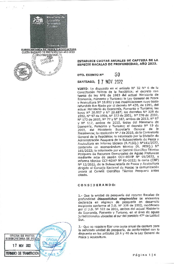 Dec. Ex. N° 50-2022 Establece Cuotas Anuales de Captura de la Especie Bacalao de Profundidad, Año 2023. (Publicado en Página Web 17-11-2022)