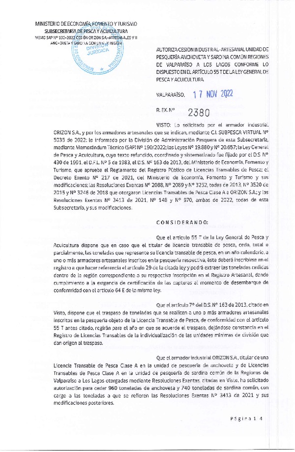 Res. Ex. N° 2380-2022, Autoriza Cesión unidad de pesquería Anchoveta y Sardina Común, Regiones Valparaíso a Los Lagos. (Publicado en Página Web 18-11-2022)