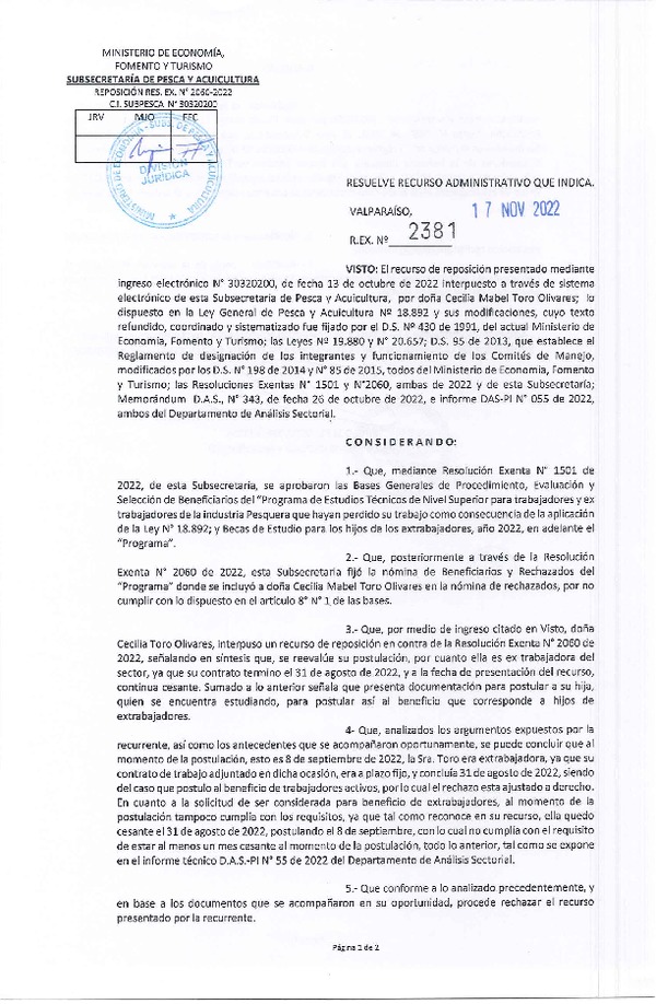 Res. Ex. N° 2381-2022 Resuelve Recurso Administrativo que Indica. (Publicado en Página Web 18-11-2022)