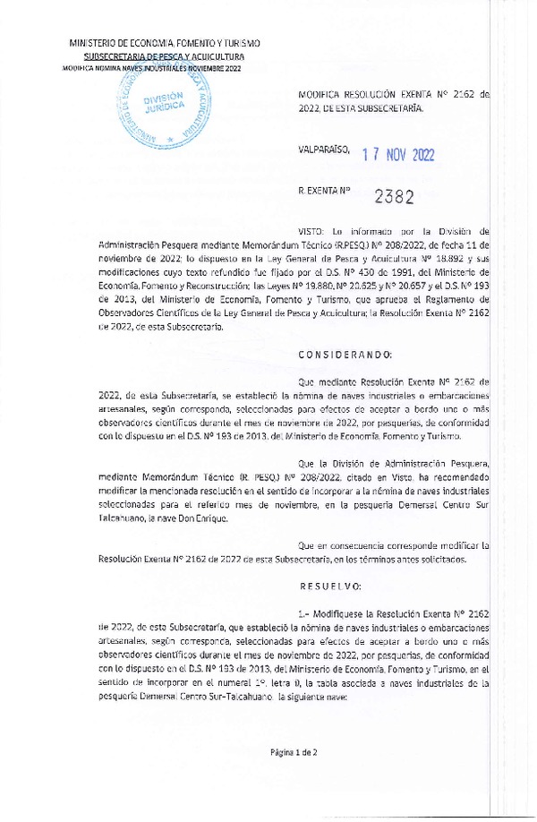 Res. Ex. N° 2382-2022 Modifica Res. Ex. Nº 2162-2022 Naves mes de Noviembre de 2022.