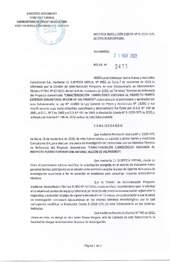 Res. Ex. N° 2411-2022 Modifica 	R. EX. Nº E-2020-575 Caracterización Limnológica asociada al Proyecto Puerto Exterior San Antonio, Región de Valparaíso. (Publicado en Página Web 22-11-2022)