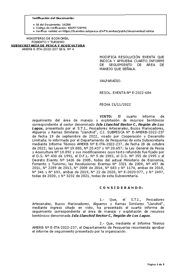 RESOL. EXENTA Nº E-2022-684 Modifica resolución que indica, Aprueba 4° Seguimiento. (Publicado en Página Web 22-11-2022)