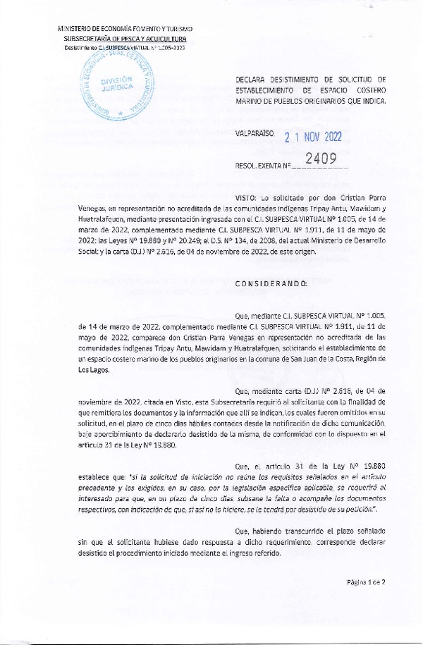 Res. Ex. N° 2409-2022 Declara desistimiento de solicitud de establecimiento de ECMPO que Indica. (Publicado en Página Web 22-11-2022)