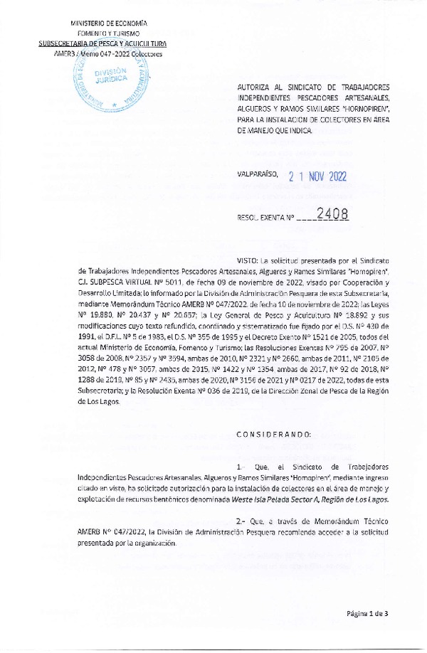 Res. Ex. N° 2408-2022 Autoriza instalación de colectores. (Publicado en Página Web 22-11-2022)