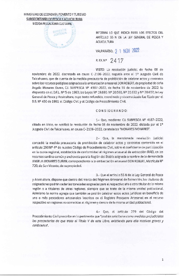 Res. Ex. N° 2417-2022 Informa lo que Indica para los Efectos del Artículo 55 N de la Ley General de Pesca y Acuicultura. (Publicado en Página Web 22-11-2022)