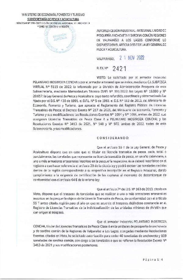 Res. Ex. N° 2421-2022, Autoriza Cesión unidad de pesquería Anchoveta y Sardina Común, Regiones Valparaíso a Los Lagos. (Publicado en Página Web 22-11-2022)